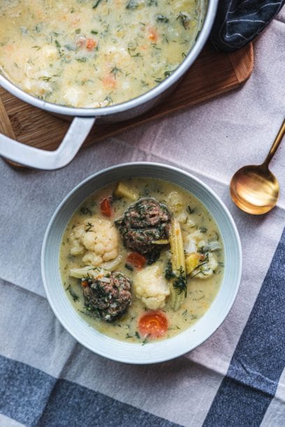COCONUT, CAULIFLOWER, DILL SOUP WITH RYE DUMPLINGS